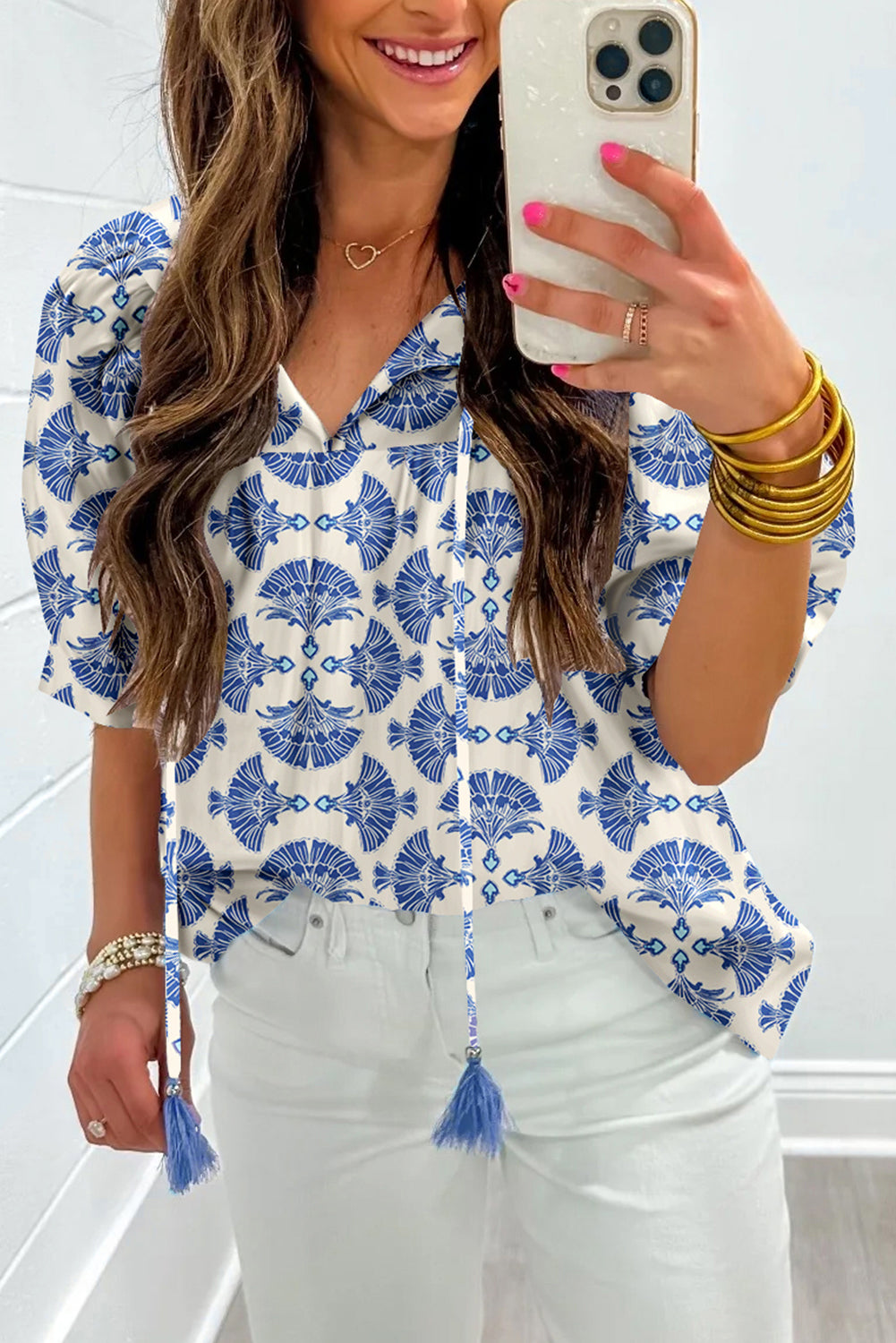 Geometric Print Tassel Drawstring V Neck Blouse