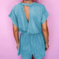 Mist Blue Mineral Wash Drawstring Waist Hollow Out Back Short Sleeve Romper