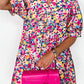 Floral Puff Short Sleeve V Neck Mini Dress