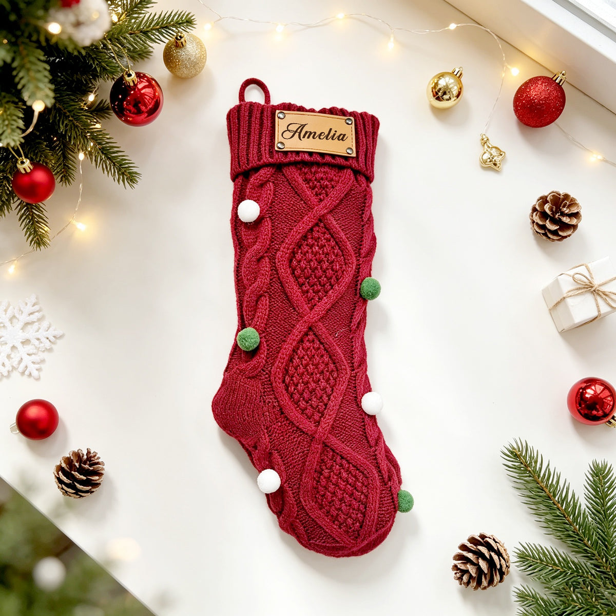 Custom Polka-dot Christmas Stocking with Leather Patch