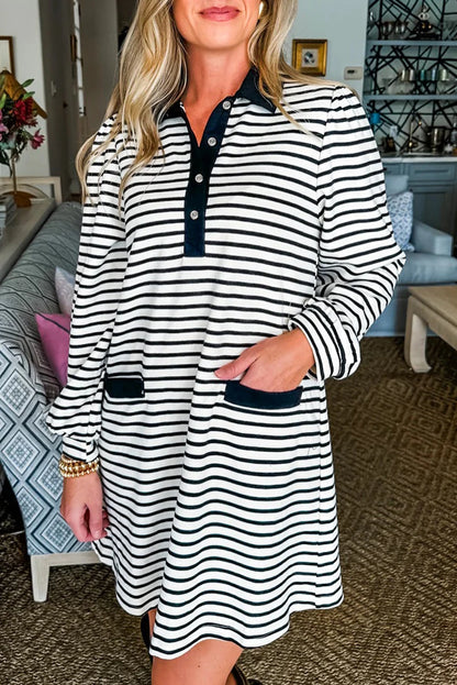 Collared Long Sleeve T Shirt Dress with Pockets