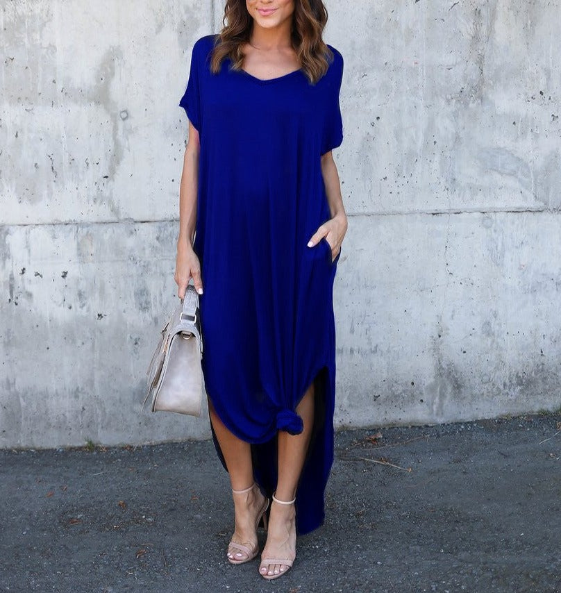 Solid Color V-neck Pocket Slit Dress