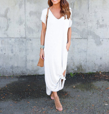 Solid Color V-neck Pocket Slit Dress