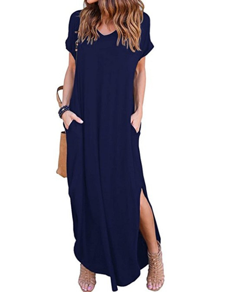 Solid Color V-neck Pocket Slit Dress