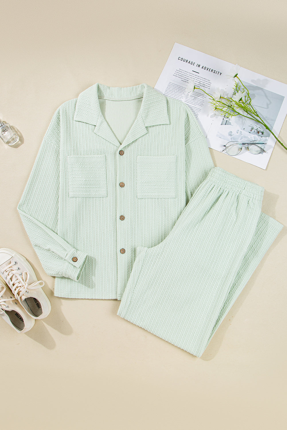 Textured Patched Chest Pocket Shirt and Pants Set