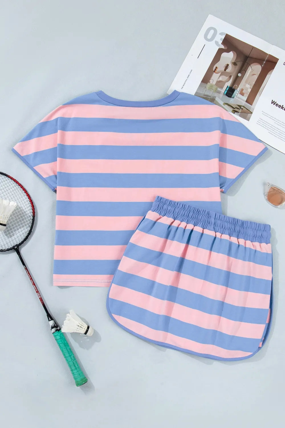 Stripe Dolman Tee Drawstring Skort Athletic 2pcs Set