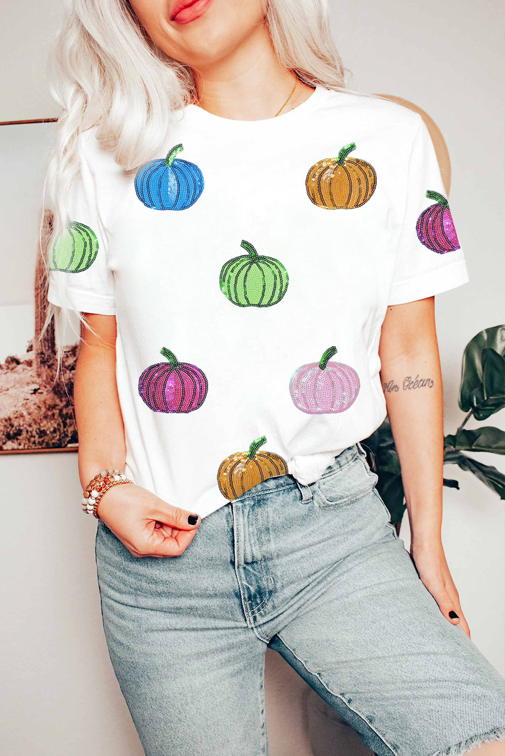 Sequin Bow Pumpkin Patched Cotton Blend T Shirt