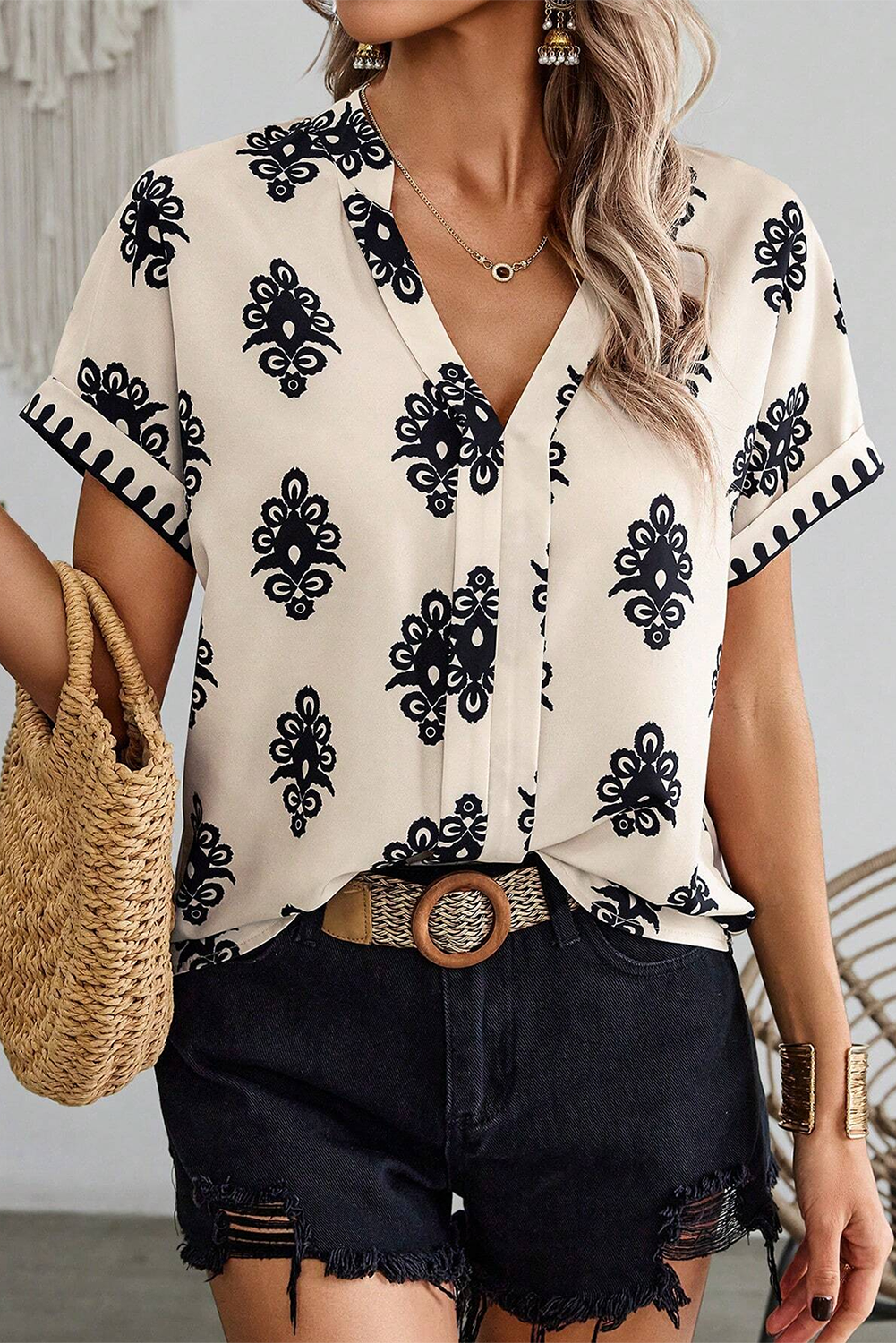 Geometric Print Short Sleeve V Neck Blouse