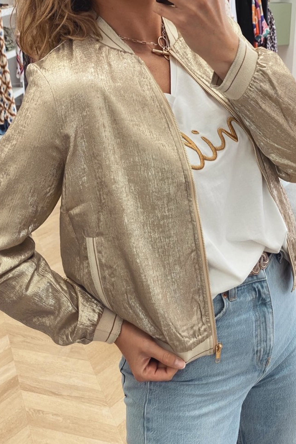 Metallic Zip up Baseball Jacket