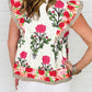 Floral Print Tie Neck Striped Detail Flutter Sleeve Blouse