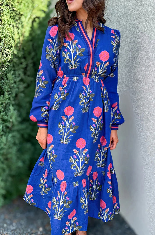 Floral Print Striped Trim Split Neck Long Sleeve Ruffle Hem Midi Dress