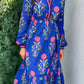 Floral Print Striped Trim Split Neck Long Sleeve Ruffle Hem Midi Dress