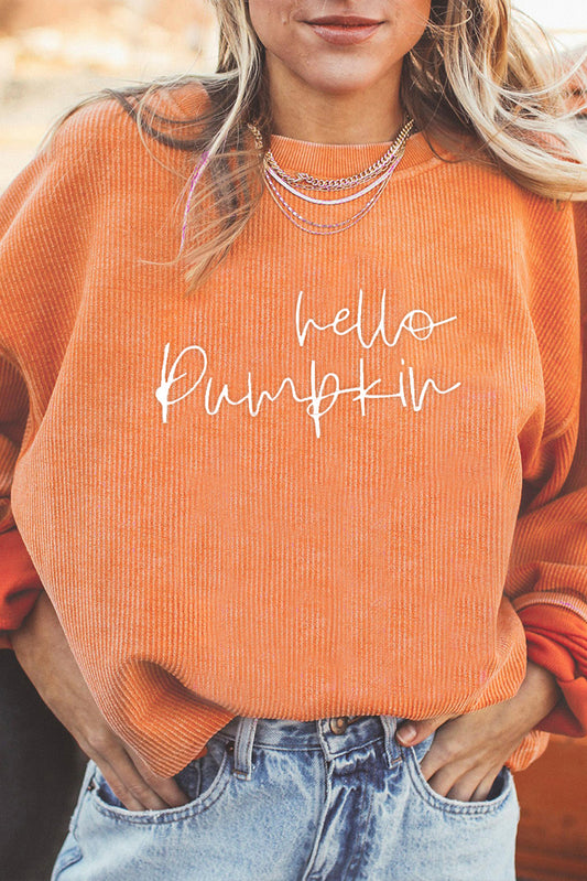 Hello pumpkin Letter Embroidered 3D Ribbed Texture Baggy Sweatshirt