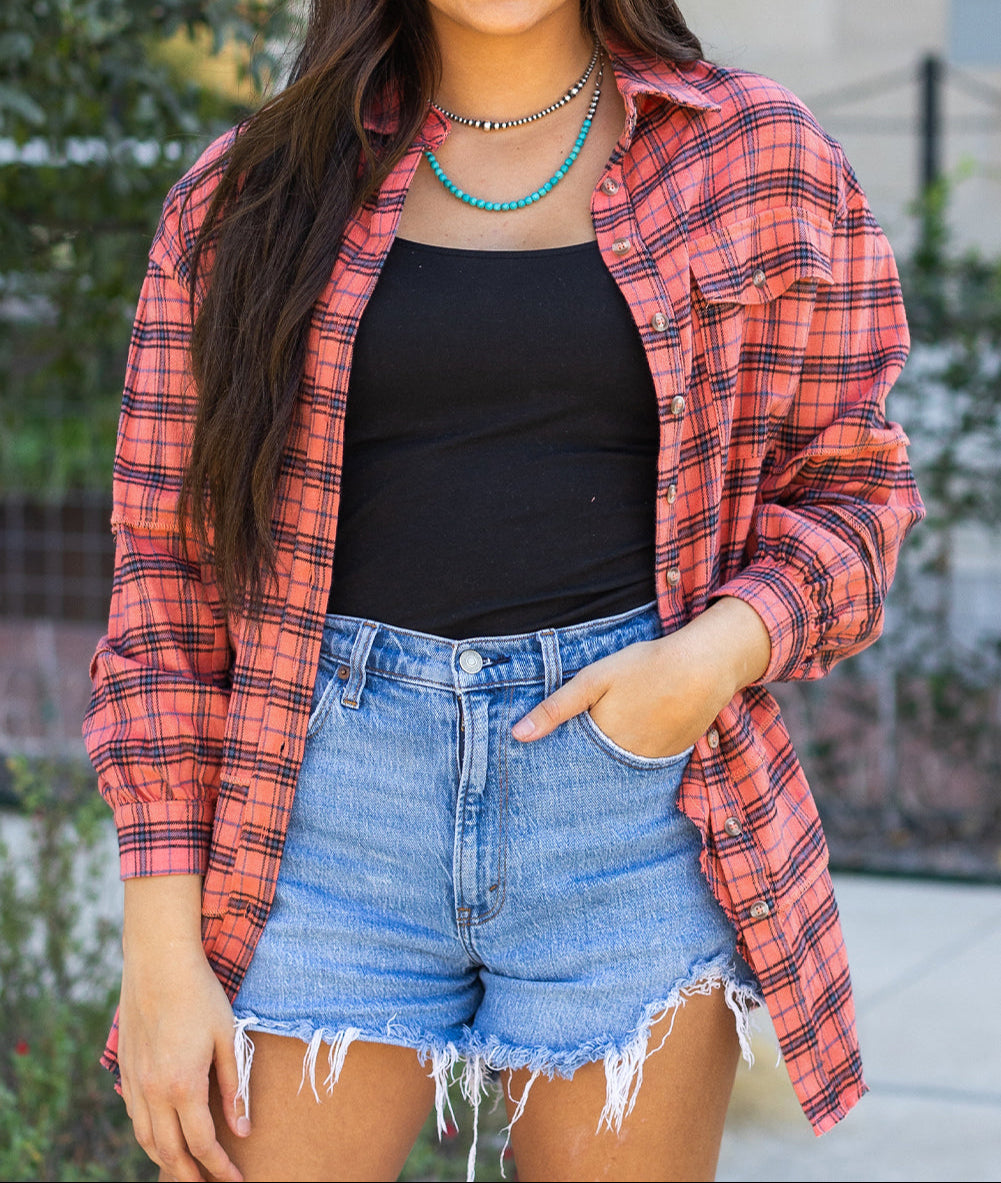 Plaid Long Sleeeve Side Split Distressed Hem Shirt