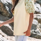 Beige Contrast Floral Bubble Sleeve Patchwork Ribbed Top
