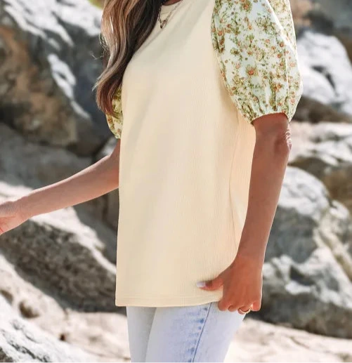 Beige Contrast Floral Bubble Sleeve Patchwork Ribbed Top