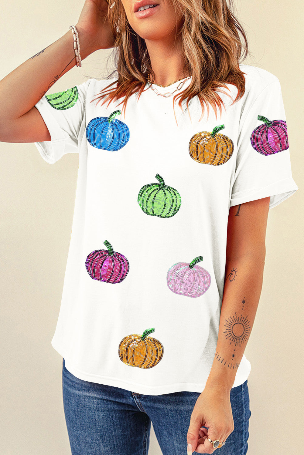 Sequin Bow Pumpkin Patched Cotton Blend T Shirt