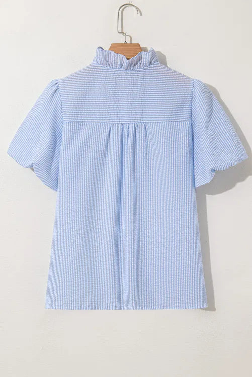 Beau Blue Striped Ruffle Short Bubble Sleeve Shirt
