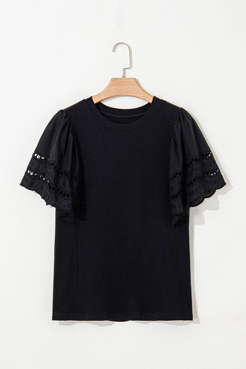 Hollow Out Embroidered Short Sleeve O Neck Top