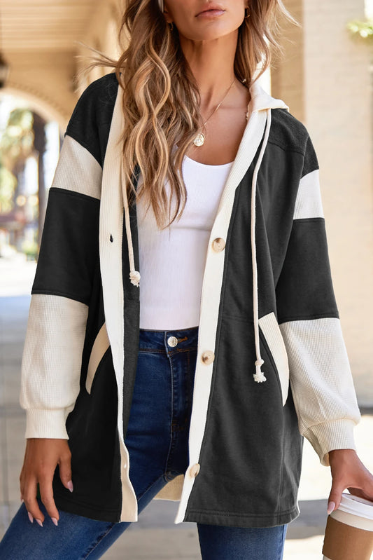 Patchwork Button Front Oversize Hoodie