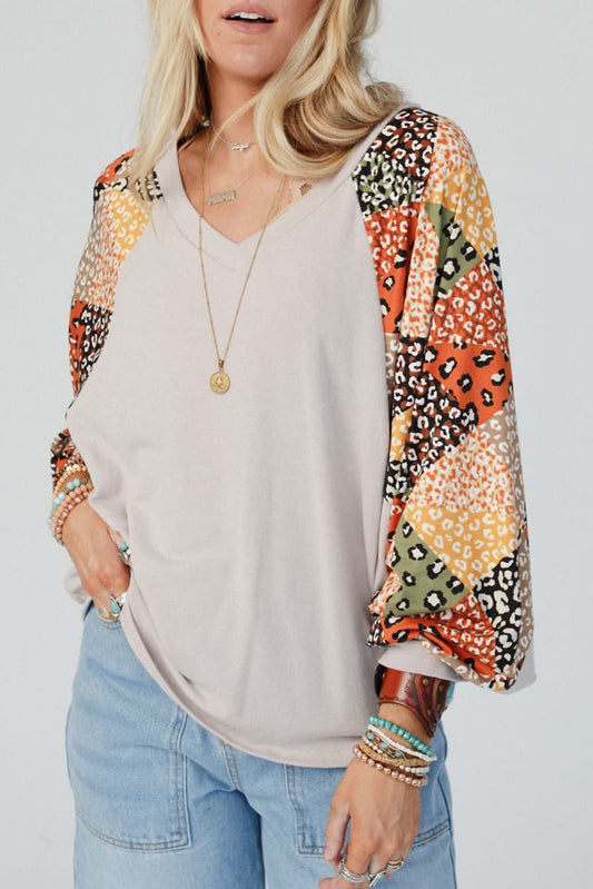 Patchwork V Neck Loose Top