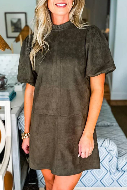 Round Neck Short Puff Sleeve Shift Mini Dress