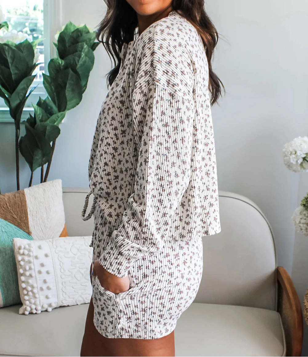 Print Long Sleeve Henley Top Drawstring Short Set