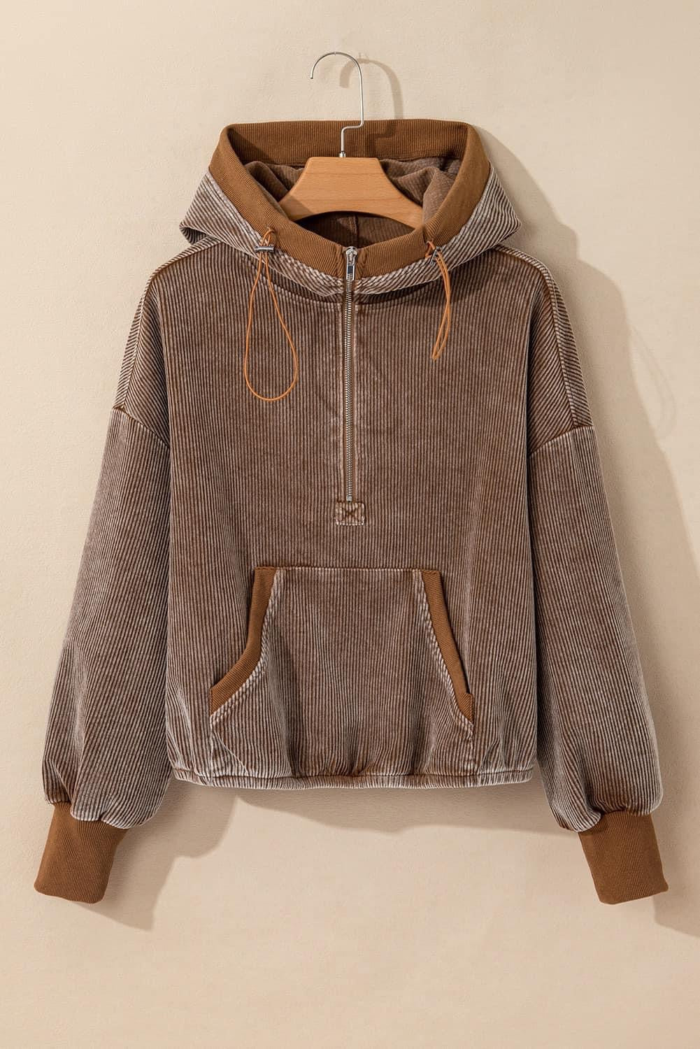 Zipper Kangaroo Pocket Corduroy Hoodie