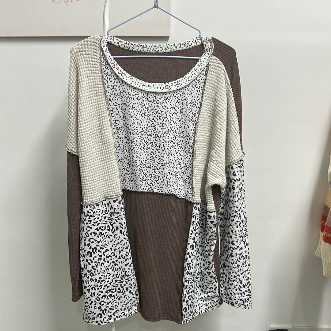 Leopard Textured Knit Patchwork Top