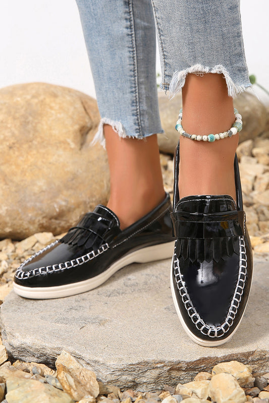 Glossy PU Leather Pointed Toe Slip On Loafers