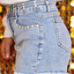 Rhinestone Light Wash Raw Hem High Waist Denim Shorts