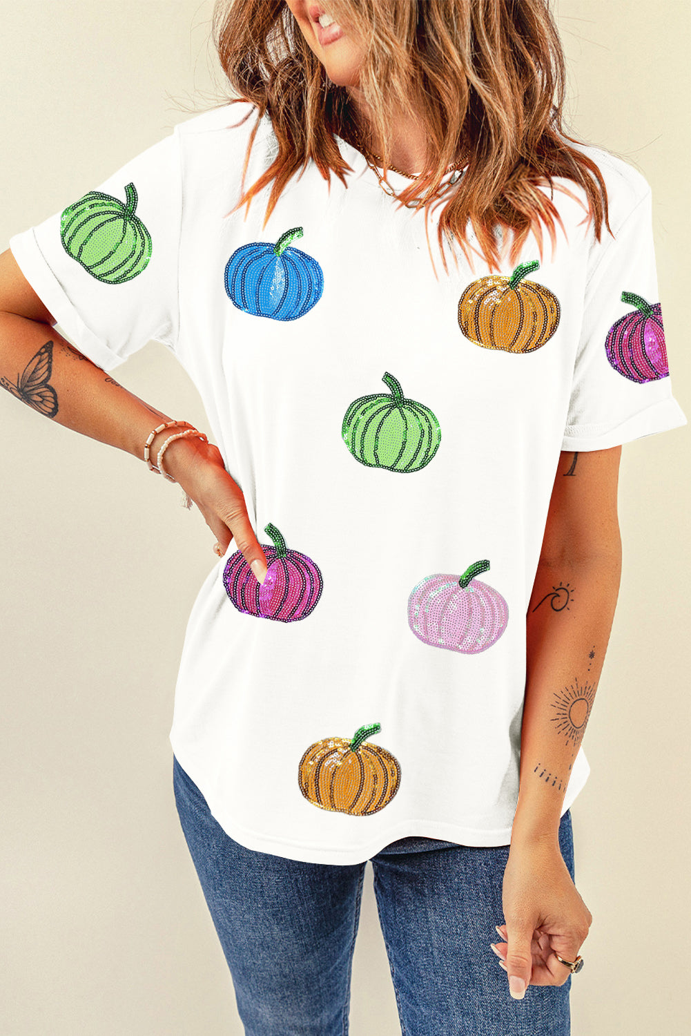 Sequin Bow Pumpkin Patched Cotton Blend T Shirt
