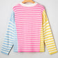 Color Block Striped Patchwork Dolman Sleeve Slit Sweater