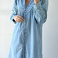 Ruffled V Neck Buttoned Shift Denim Dress