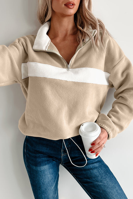 Fleece Colorblock Patchwork Zipped Neck Pullover Sweatshirt