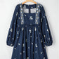 Floral Embroidered Square Neck Puff Sleeve Ruffled Mini Dress