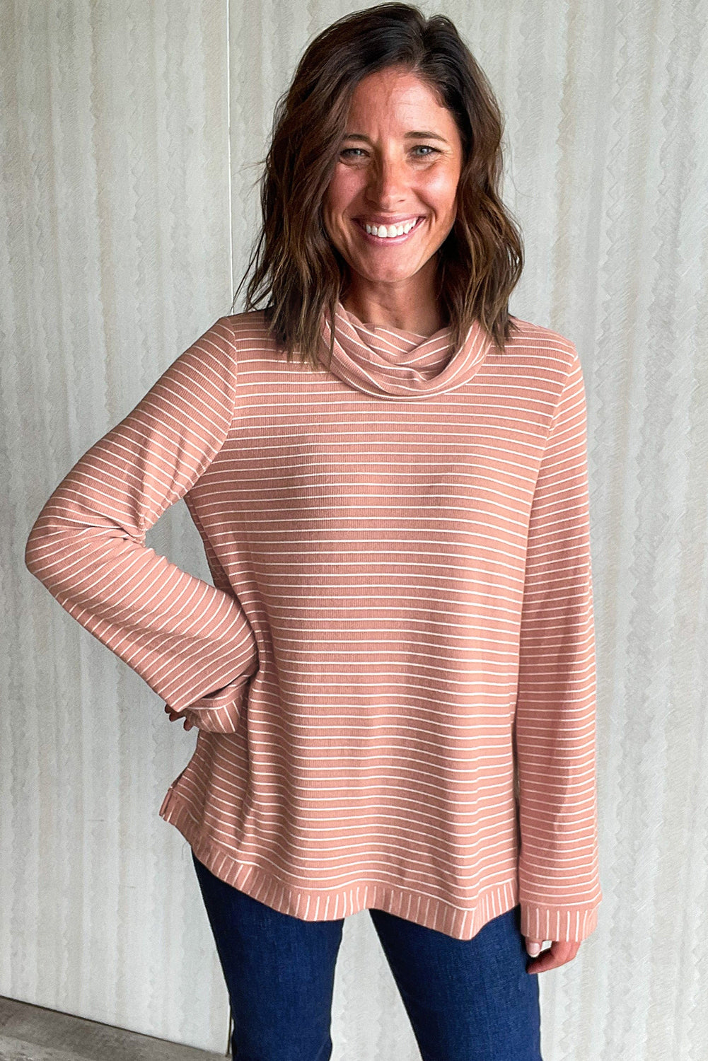 Stripe Cowl Neck Side Slits Top