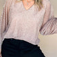 V Neck Sequin Plisse Long Sleeve Blouse