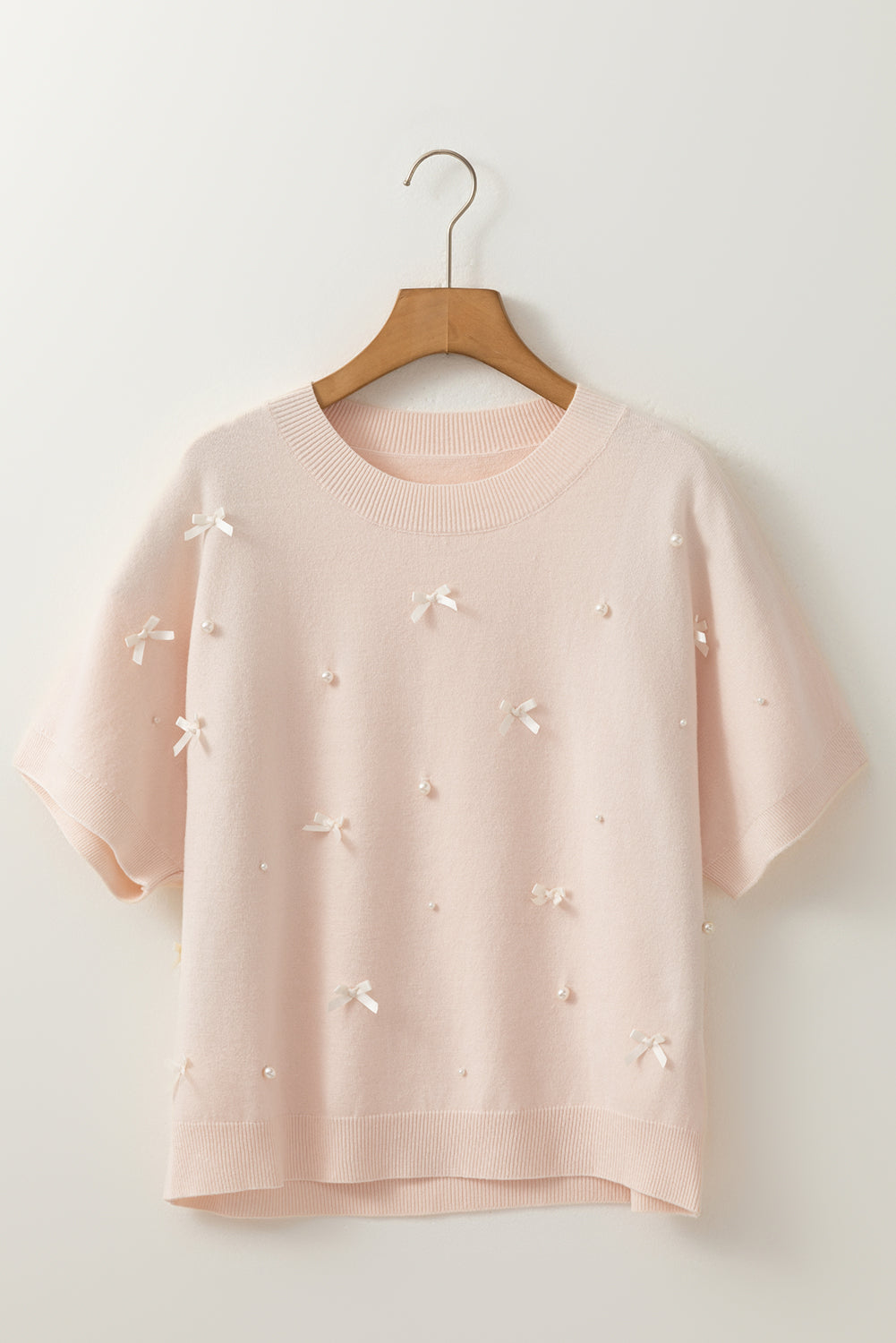 Pearl Bow Embellished Dolman Short Sleeve Sweater