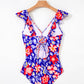 Floral Ruffle Trim V Neck Lace-up Back Tummy Control One Piece Swimsuit