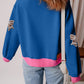 Colorblock Patchwork Sequin Rugby Bow Patched Puff Sleeve Sweatshirt
