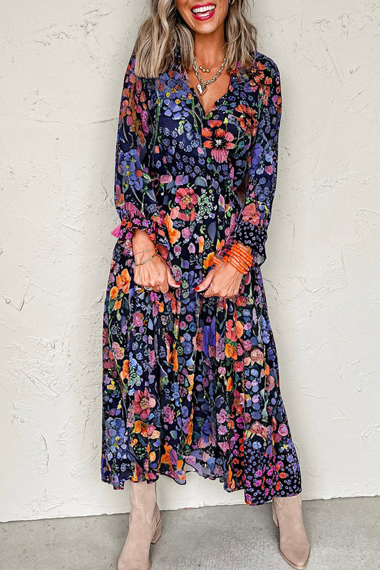 Tassel Tie V Neck Long Sleeve Flowy Long Dress