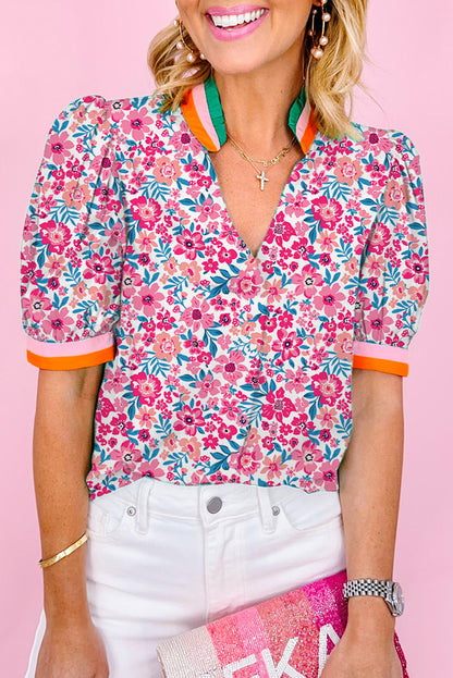 Floral Print Contrast Striped Detail Short Sleeve Blouse