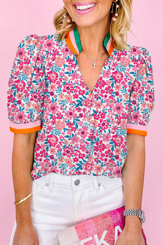 Floral Print Contrast Striped Detail Short Sleeve Blouse