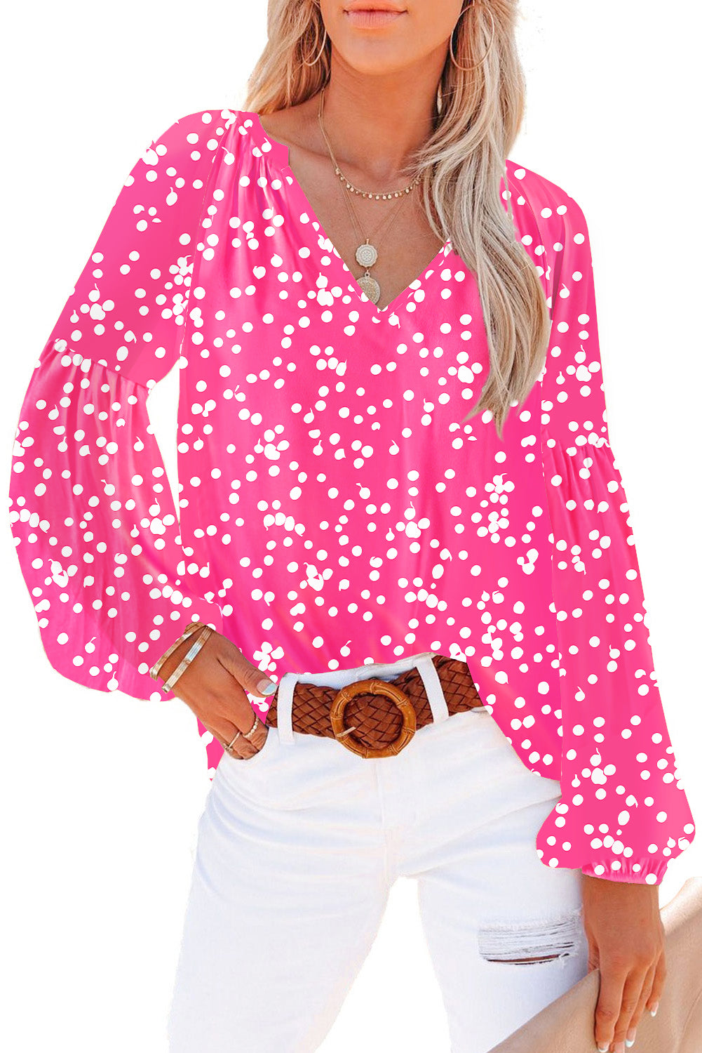 White Floral Print V Neck Long Puff Sleeve Top