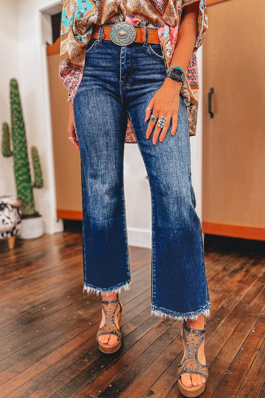 Wash Raw Hem High Waist Flared Jeans