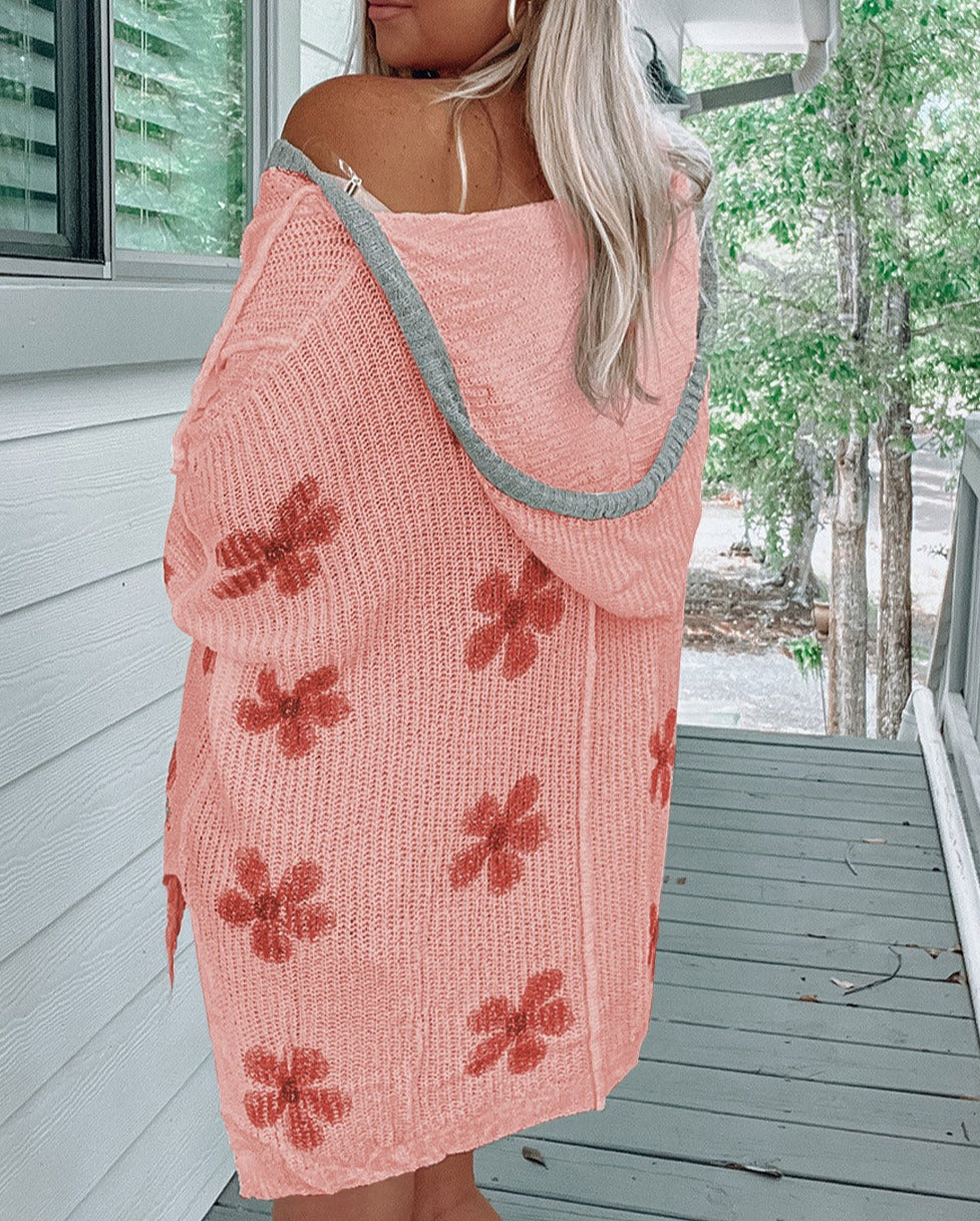 Floral Print Lightweight Knit Hooded Sweater