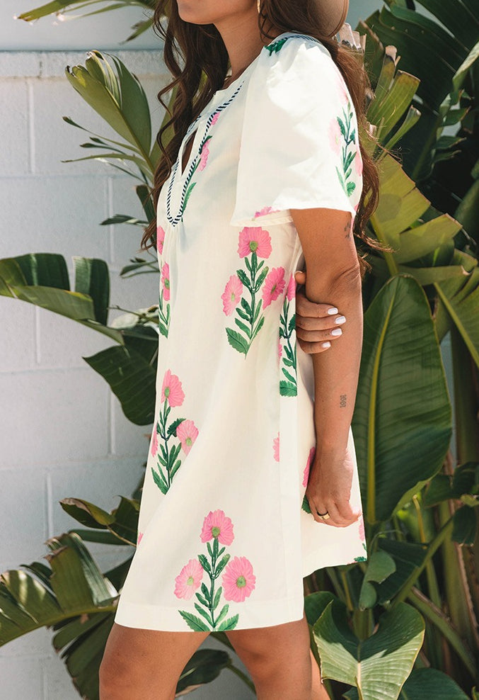 Apricot Floral Short Sleeve Split Neck Loose Mini Dress