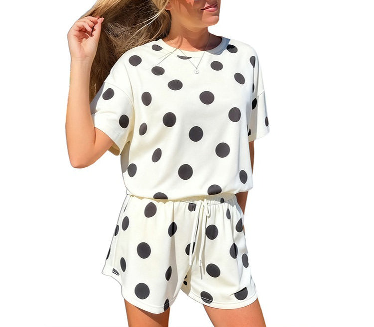 Polka Dot Print Loose Tee Drawstring Elastic Waist Short Set