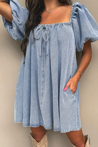 Bubble Sleeve Square Neck Denim Dress